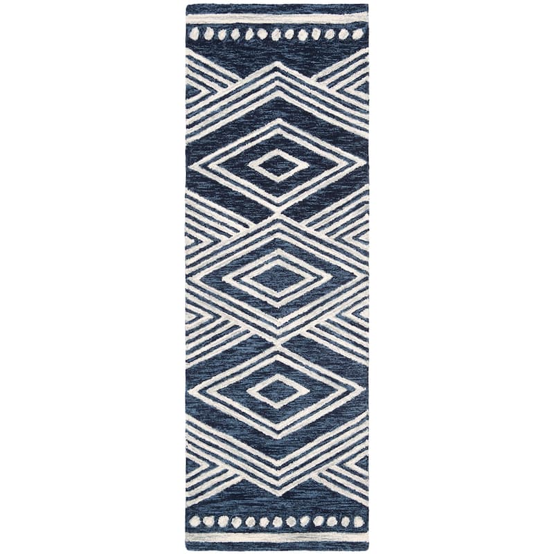 SAFAVIEH Handmade Micro-Loop Gudula Moroccan Wool Rug - 2'6" x 9' Runner - Navy/Ivory