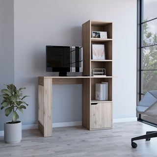 TUHOME Oiwa Computer Desk with 4 Shelves and One Drawer, Light Gray