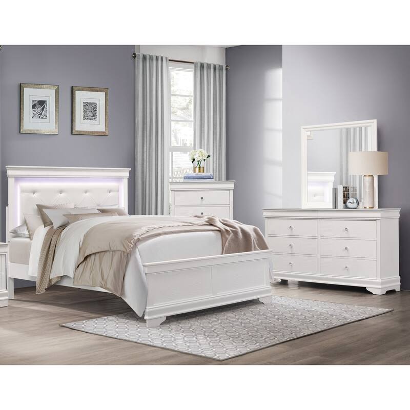 4pc Bedroom Furniture Set LED Light Bed Dresser Mirror Chest