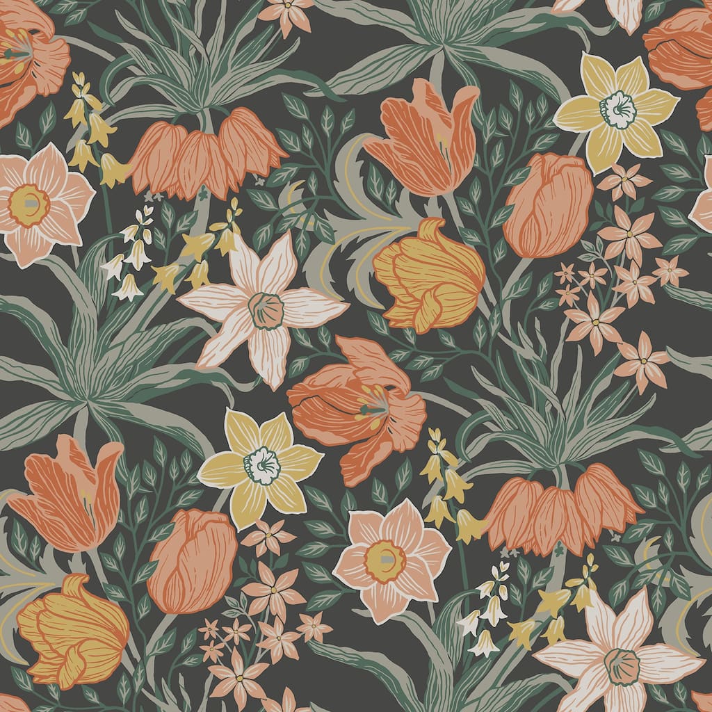 A-Street Prints Cecilia Black Tulip and Daffodil Wallpaper