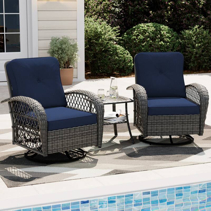 UPHA 3-Piece Patio Outdoor Wicker Swivel Rocking Chair Set with Side Table and Cushions - Blue