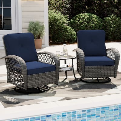 UPHA 3-Piece Patio Outdoor Wicker Swivel Rocking Chair Set with Side Table and Cushions
