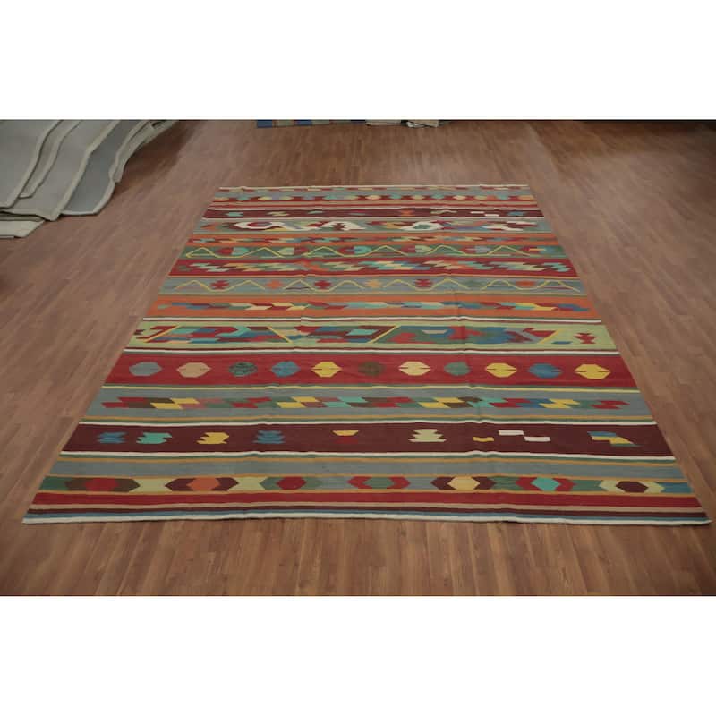 Hand Woven Oriental 100% Wool Carpet Southwestern Tribal Multi-Colored Kilim Area Rug - 13' 2'' X 9' 7''