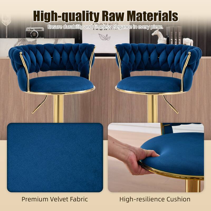 HOMEFUN Velvet Adjustable Height Swivel Armless Bar Stools With Golden Footrest(set of 2)