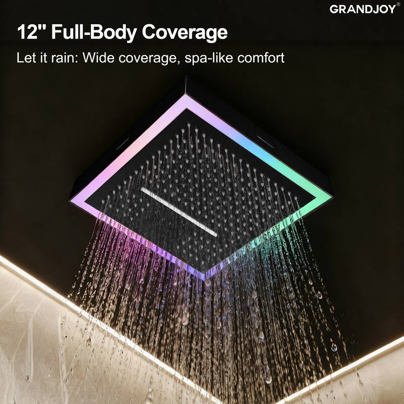GRANDJOY Thermostatic LED Rain and Waterfall Shower System with Handheld, Built-In Music Function