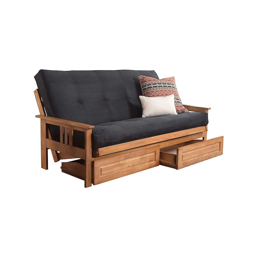 79 in. Butternut/Linen Cocoa Linen Upholstered Full Size Futon Set with Mattress and Storage Drawers