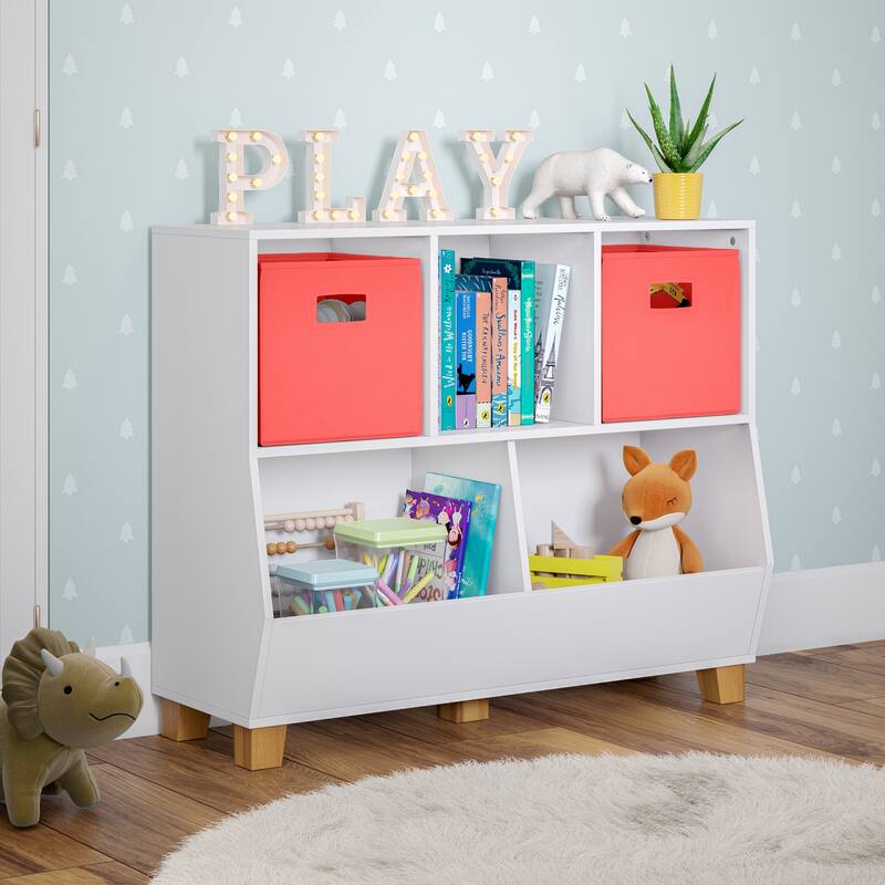 RiverRidge Kids Catch-All 35in Toy Storage Organizer with 3 Cubbies and 2 Storage Compartments - White with Optional Bins - White with 2 Coral Bins