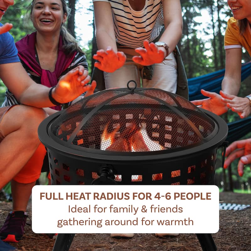 Fire Pit Set, Wood Burning Pit - Includes Spark Screen and Log Poker 26" Round Metal Firepit by Pure Garden - 26 x 26 x 24