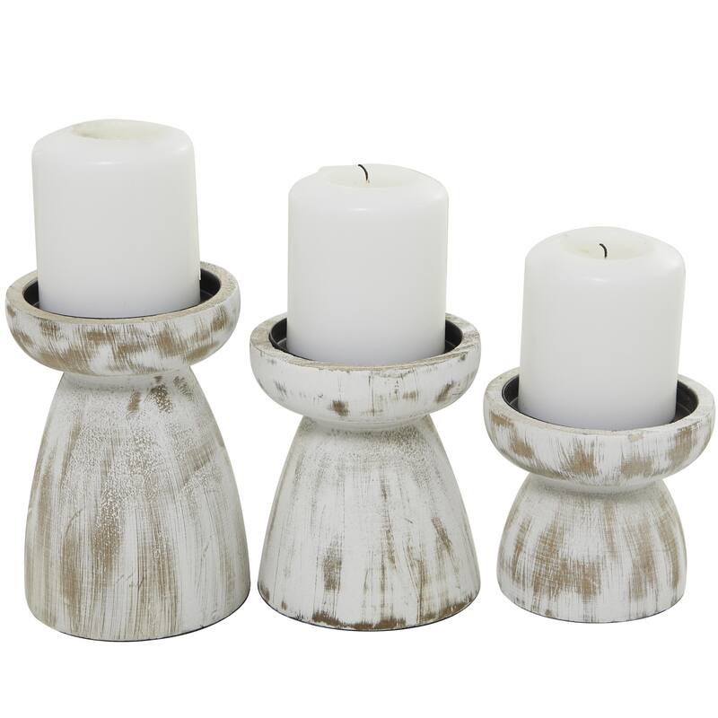 Black Wood Short Wide Distressed Decorative Candle Holder (Set of 3)