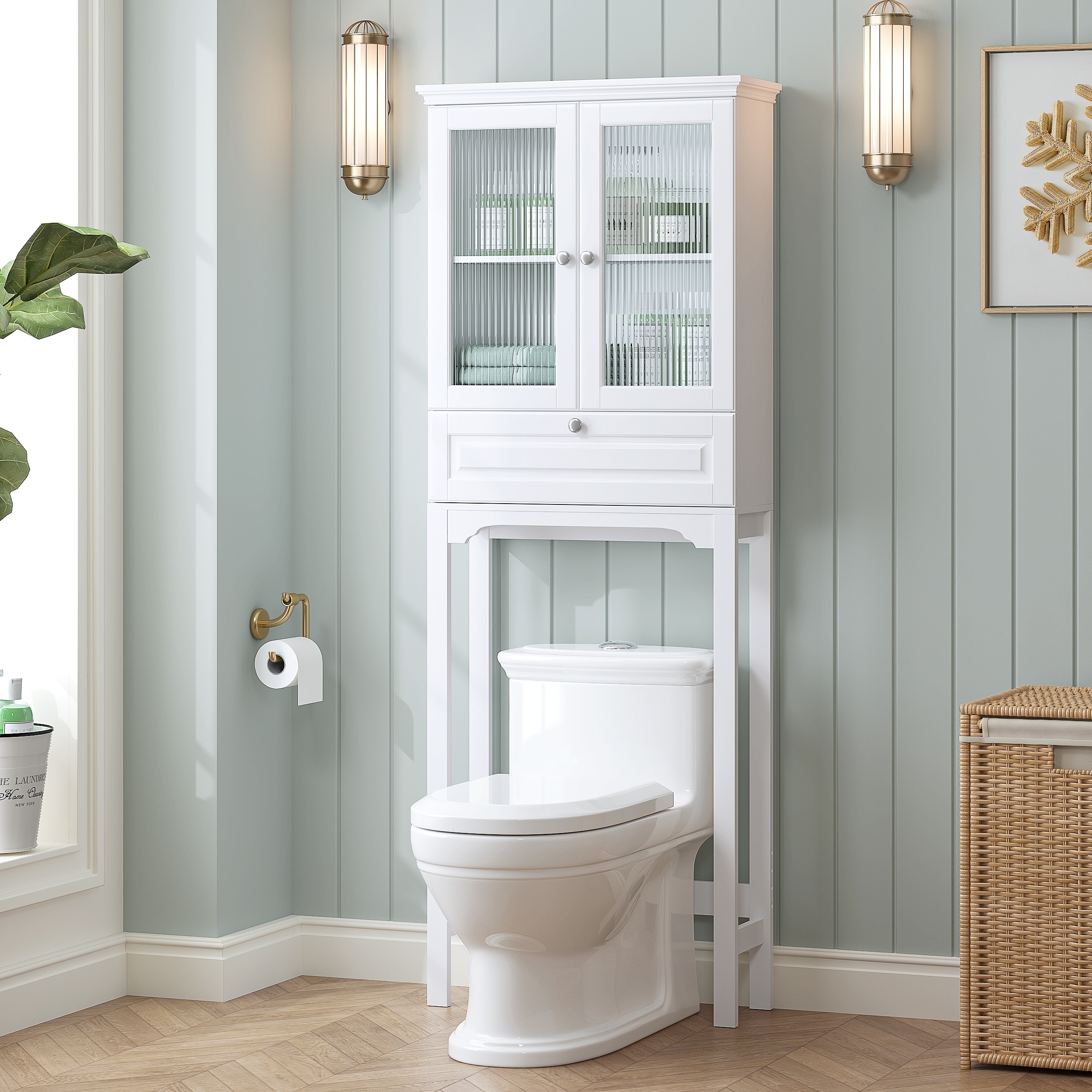 COSTARS Over-the-Toilet Storage Cabinet with Muro Glass Doors & Tilt-Out Cube, White