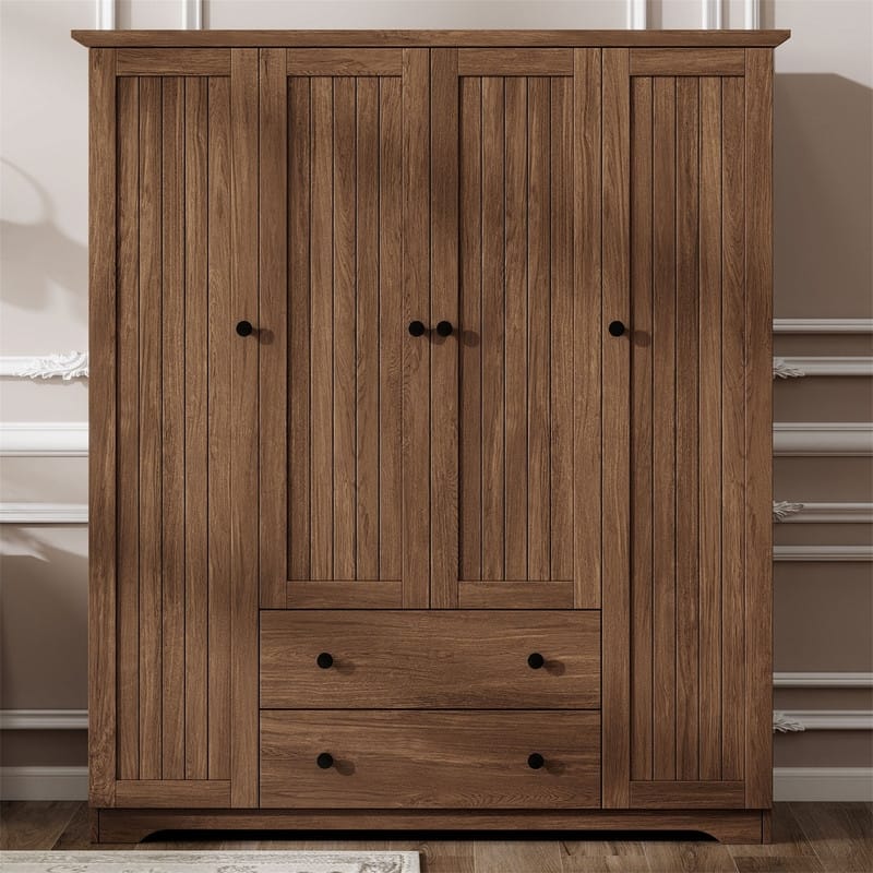 4-Door Armoire Closet with 2 Storage Drawers and Hanging Rods, Wooden Bedroom Wardrobe Clothes Organizer with Storage Shelves