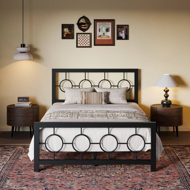 Art Deco Metal Platform Bed Frame with Openwork Headboard and Footboard Modern Iron Slat Support