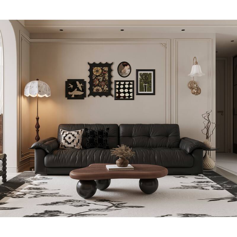 40 Inch Cloud Shaped Coffee Table with 3 Ball Legs for Living Room, Walnut Top Black Legs