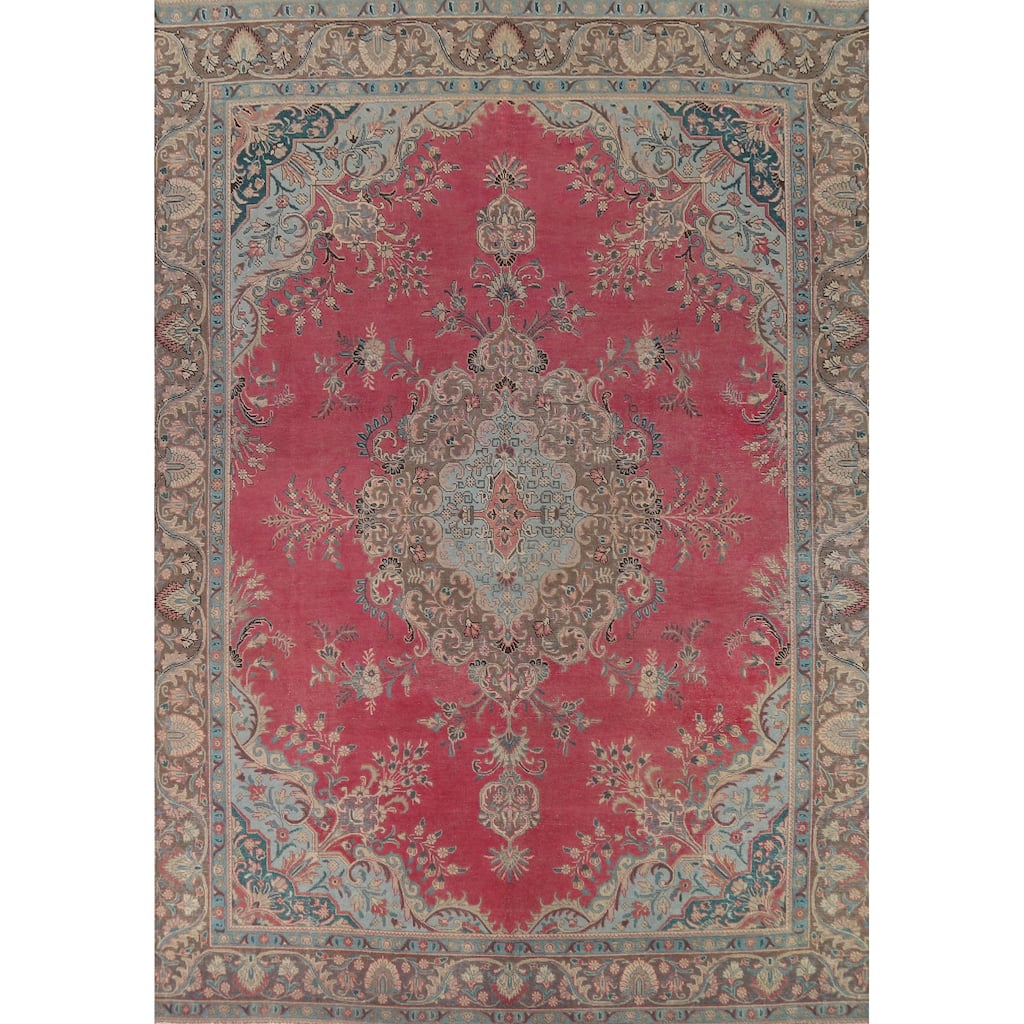 Pink Medallion Tabriz Persian Area Rug Hand-Knotted Wool Carpet - 9'0"x 12'7"