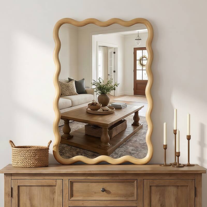 20"x30" Wavy Rectangle Solid Wood Frame Decorative Mirror,For Bedroom, Bathroom, Living Room, Entryway - Oak