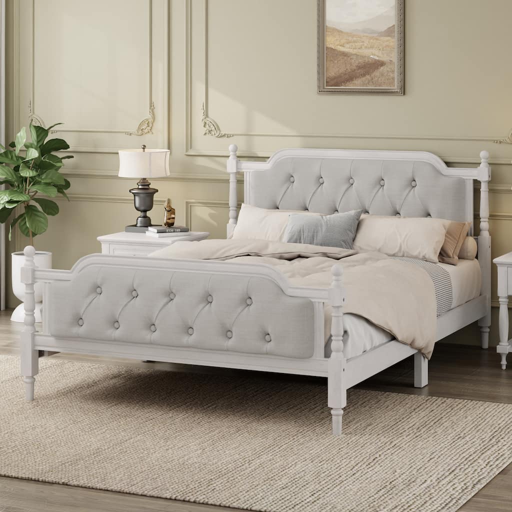 Traditional Style Solid Wood Bed Frame with Upholstered Tufted Headboard,No Box Spring Needed,Full Size, Antique White