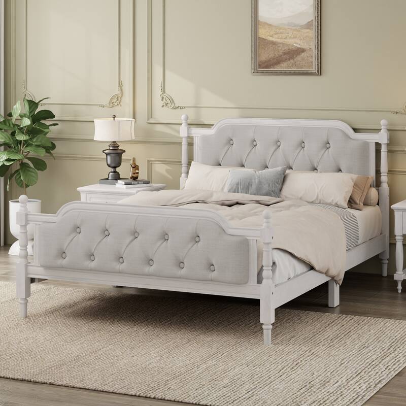 Traditional Style Solid Wood Bed Frame with Upholstered Tufted Headboard
