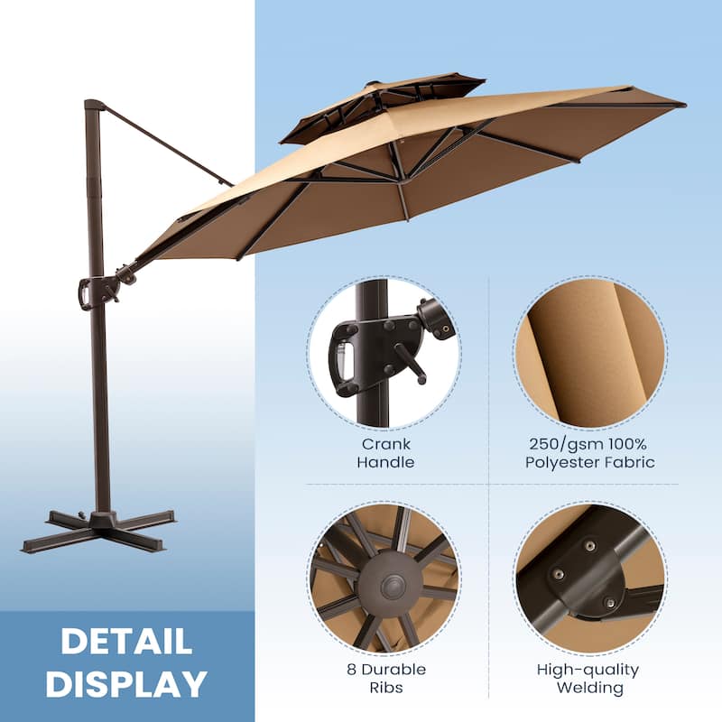 11 ft Outdoor Aluminum Dual Top Solar Powered LED Lighted Patio Cantilever Umbrella and Weighted Base