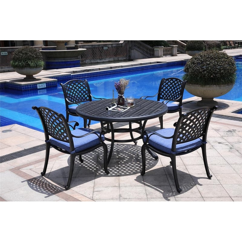 South Ponto 5-piece Aged Bronze Aluminum Round Dining Set by Havenside Home - Dark Lava Bronze/Navy Blue