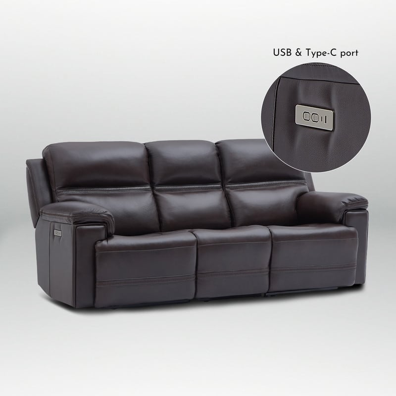 Genuine Leather Dual Power Sofa with Zero Gravity, Adjustable Headrest, Footrest, USB/Type-C & Cross-stitching Detail