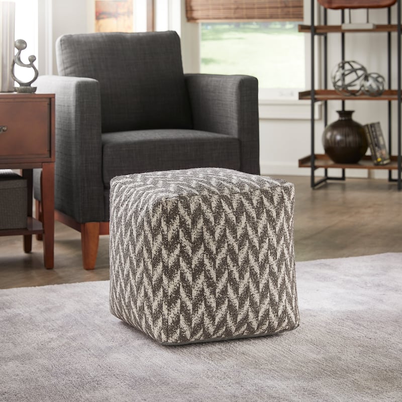 Brunico Upholstered Square Pouf Ottoman by iNSPIRE Q Bold - Grey & White Herringbone Pattern Fabric
