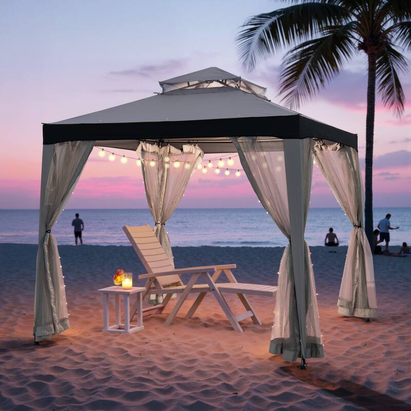 Sunjoy 8 x 8 Outdoor Patio Gazebo Outdoor Backyard Modern 2 Tier Steel Frame Soft Top Gazebo with Mesh Netting Grey Khaki - Gray