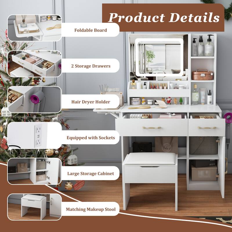 Vanity Desk with LED Mirror & Power Outlet, Makeup Dressing Table