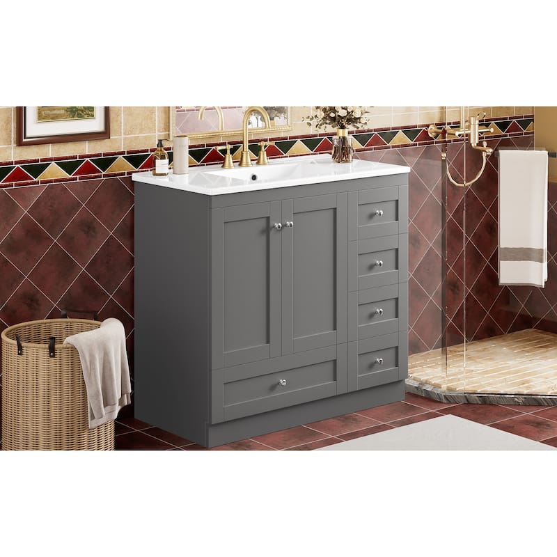 Bathroom Vanity with Ceramic Sink, Free-Standing Wooden Bathroom Cabinet, Storage Cabinet with 4 Drawers & 2 Soft Closing Doors