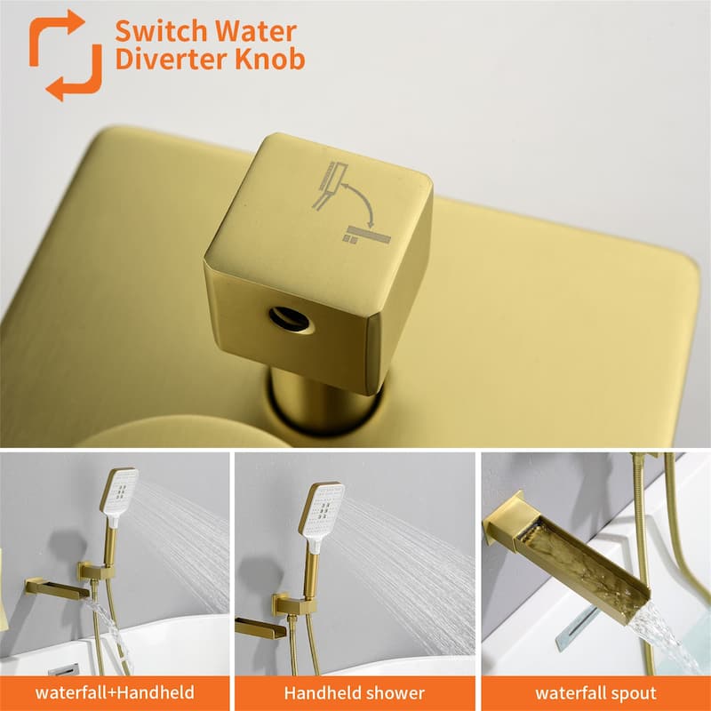 Waterfall Tub Faucet Wall Mounted Single Handle Tub Fillers with Handheld Shower Bathtub Faucet with Rough-in Valve