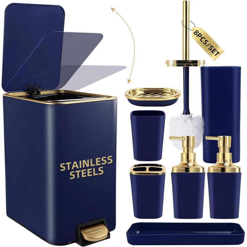 8-piece bathroom set with stainless steel trash can, toilet brush, toothbrush set, soap dispenser - Blue