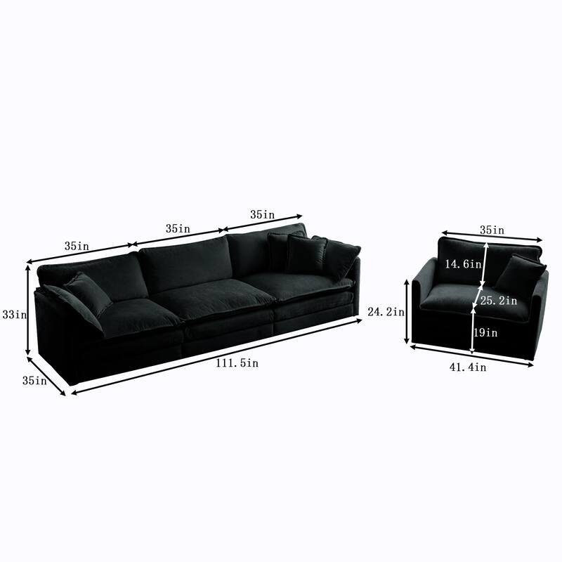 4-Seat Chenille Sectional Sofa Set (3-Seater + Accent Chair) with Deep Seats & Solid Wood Frame