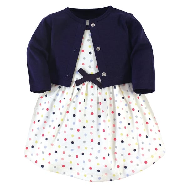 slide 1 of 1, Touched by Nature Baby and Baby Girl Organic Cotton Dress and Cardigan 2pc Set, Colorful Dot 0-3 Months - Colorful Dot