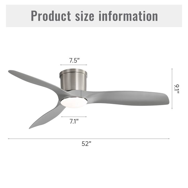 52-Inch Smart Ceiling Fan With Light,Flush Mount Ceiling Fan With Remote Control.3 Grey ABS Blades,18W Dimmable Light - Nickel