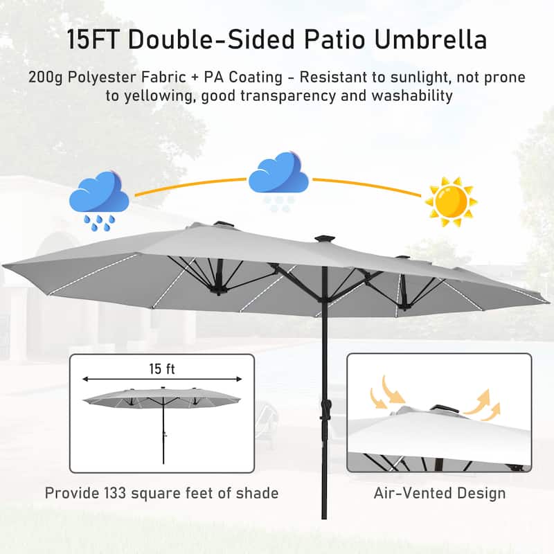 15ft Double-Sided Patio Umbrella with Lights Large Outdoor Umbrella