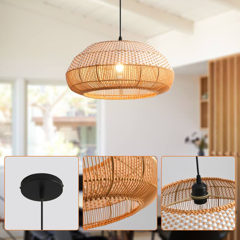 18.9" Boho White Hand Woven Rattan Caged Pendant Light for Kitchen Island, Dining Room and Living Room