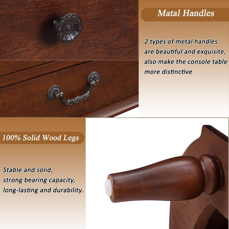 Retro Curved Wood Console Table with 3 Drawers