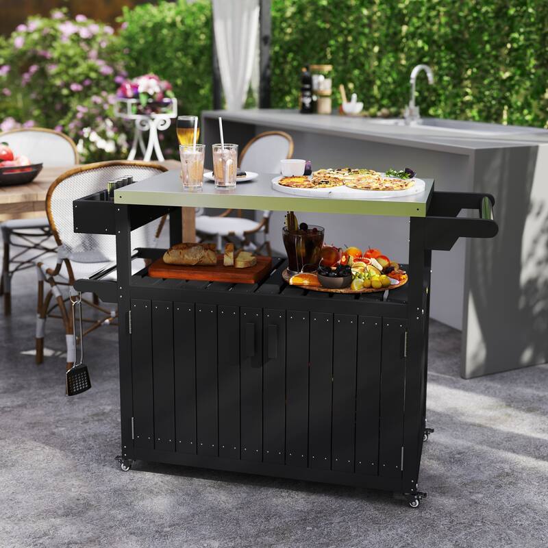 Stainless Steel and HDPE Outdoor Bar Cart with Cabinet, Hooks, and Swivel Casters Mobile Serving Table