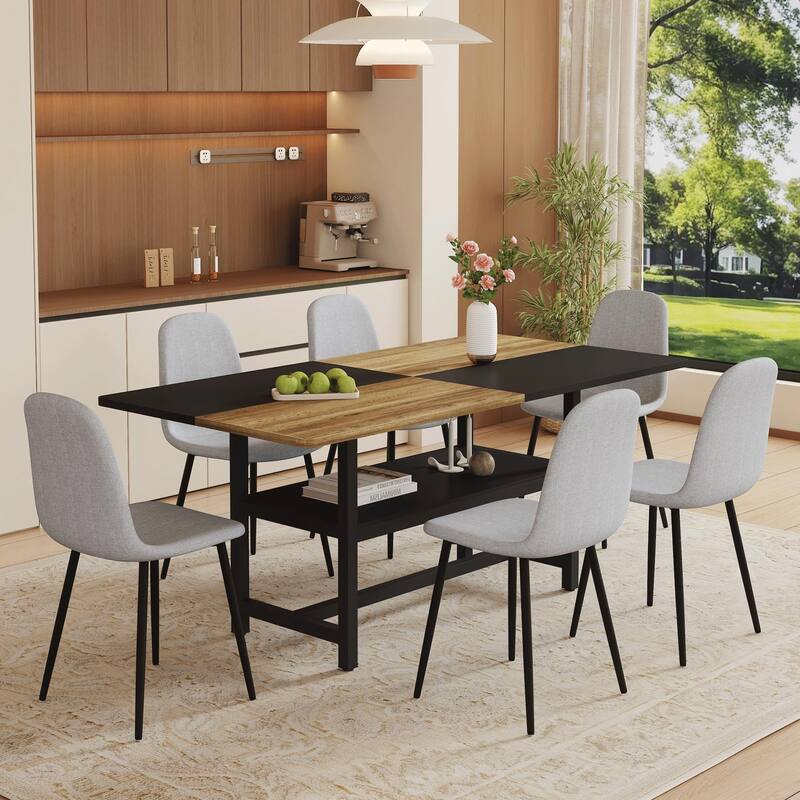 Roomfitters 7/9pcs Wood and Black Spliced Dining Table Set with Center Storage and Linen Upholstered Chairs, Light Gray - Light Grey-6 Chairs