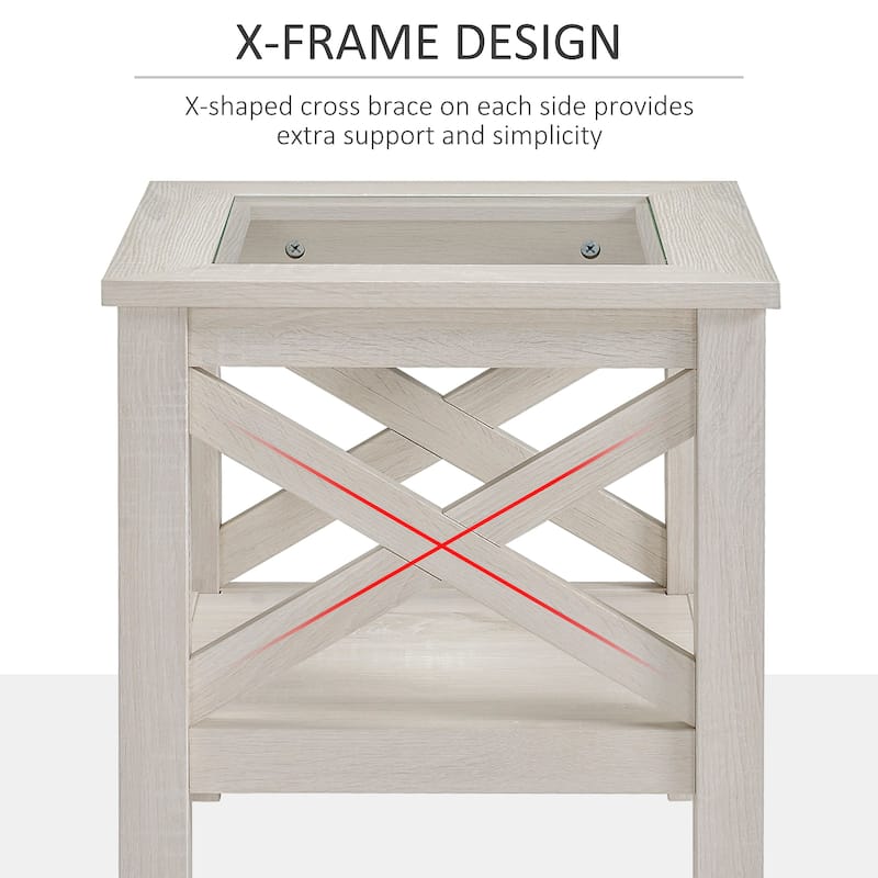 HOMCOM Traditional End Table with Wood Frame, Tempered Glass Tabletop and Underneath Storage Shelf, White Oak