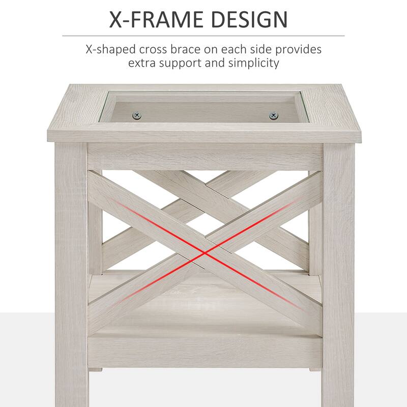 Modern White Oak Coffee Table with Tempered Glass Top and Storage Shelf X-Frame Design - 17.75'' L x 17.75'' W x 19'' H