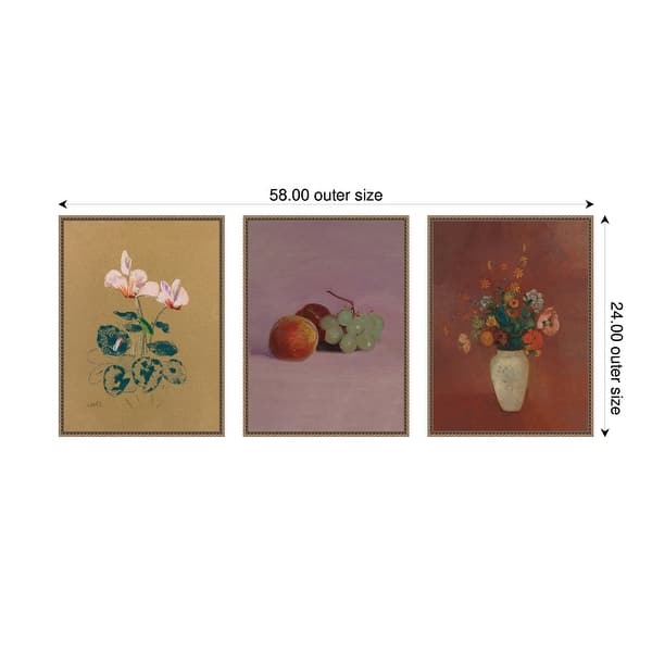 Kate and Laurel Cyclamen, Still Life Fruit, & Bouquet 3 Piece Framed Canvas Wall Art by Nostalgia Prints