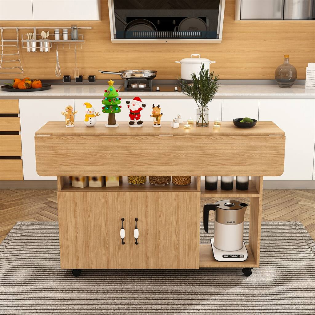 Multi-Functional Folding Table Kitchen Island with Storage Shelves and Wheels