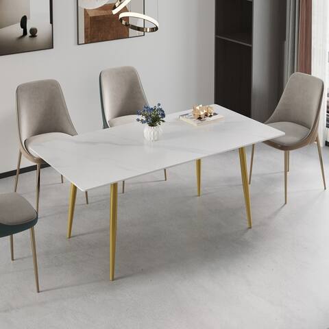 Modern White Marble Dining Table,Rectangular Tabletop with Steel Legs,for Kitchen and Dining Room