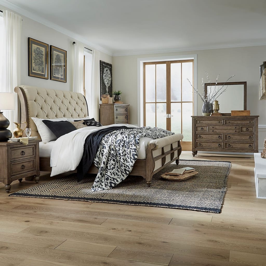 Liberty Furniture Americana Farmhouse Sleigh Bed, Dresser & Mirror, Chest, Night Stand - King or Queen