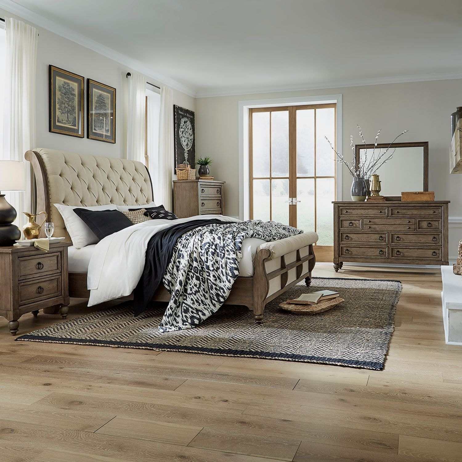 Liberty Furniture Americana Farmhouse Sleigh Bed, Dresser & Mirror, Chest, Night Stand - King or Queen