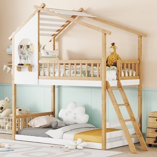Twin over Twin Solid Wood Bunk Bed with Roof and Window