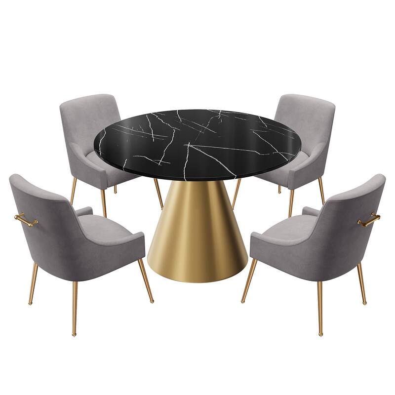 48" Marble Top Metal Dining Table with Velvet Dining Chair Set - Grey