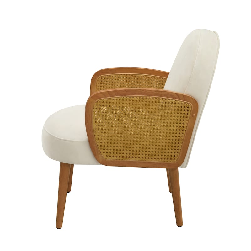 Velvet Accent Chair with Rattan Armrests, Rubberwood Legs and Ergonomic Back Support
