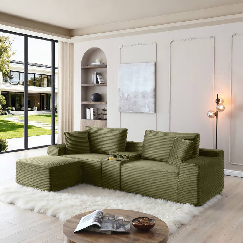Modular Sectional Sofa, Deep Seat Corduroy Cloud Couch with Cup Holders, USB Ports & Storage Box