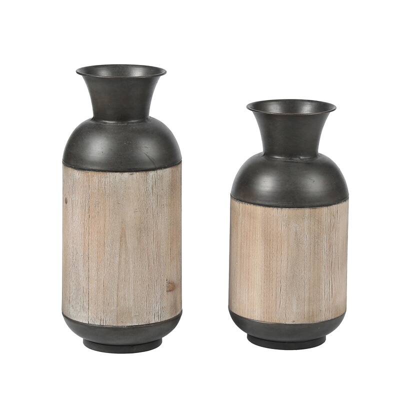 Iron and Wood Bottle Vases (Set of 2)